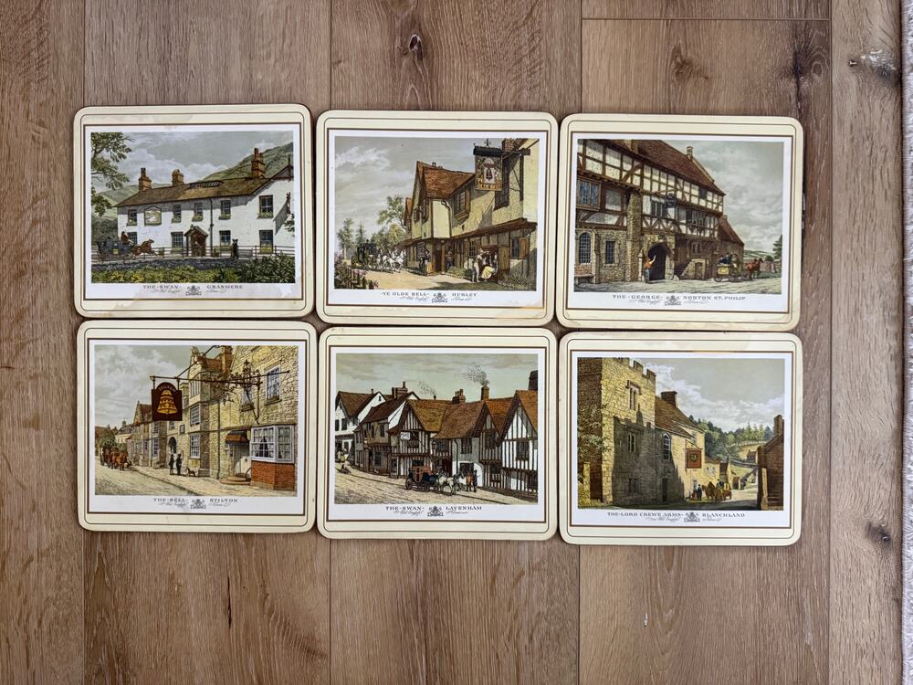 Vintage Pimpernel Old English Inns Cork Placemats Set 6 Made England